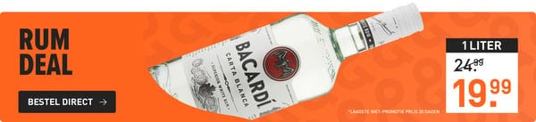Rum deal: 1 liter bacardi carta blanca van &euro;24,99&nbsp;voor&nbsp;&euro;19,99
